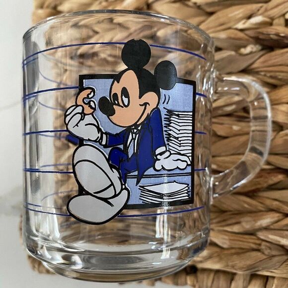 Vintage Walt Disney Mickey Mouse Mug Break Time Clear Glass Cup 80s - Picture 4 of 5